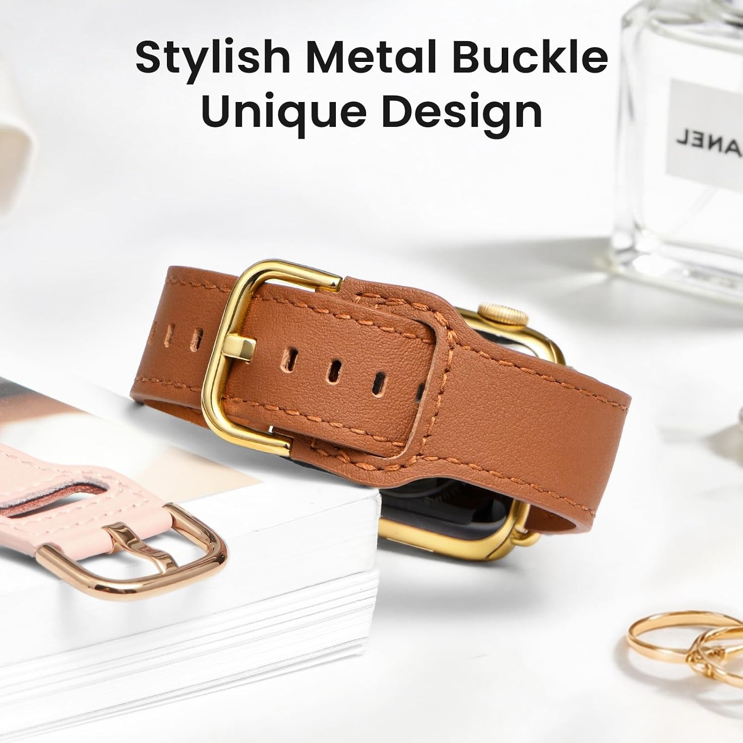 Genuine Leather Strap Compatible with Apple Watch Series 7 44mm (Brown/Gold)