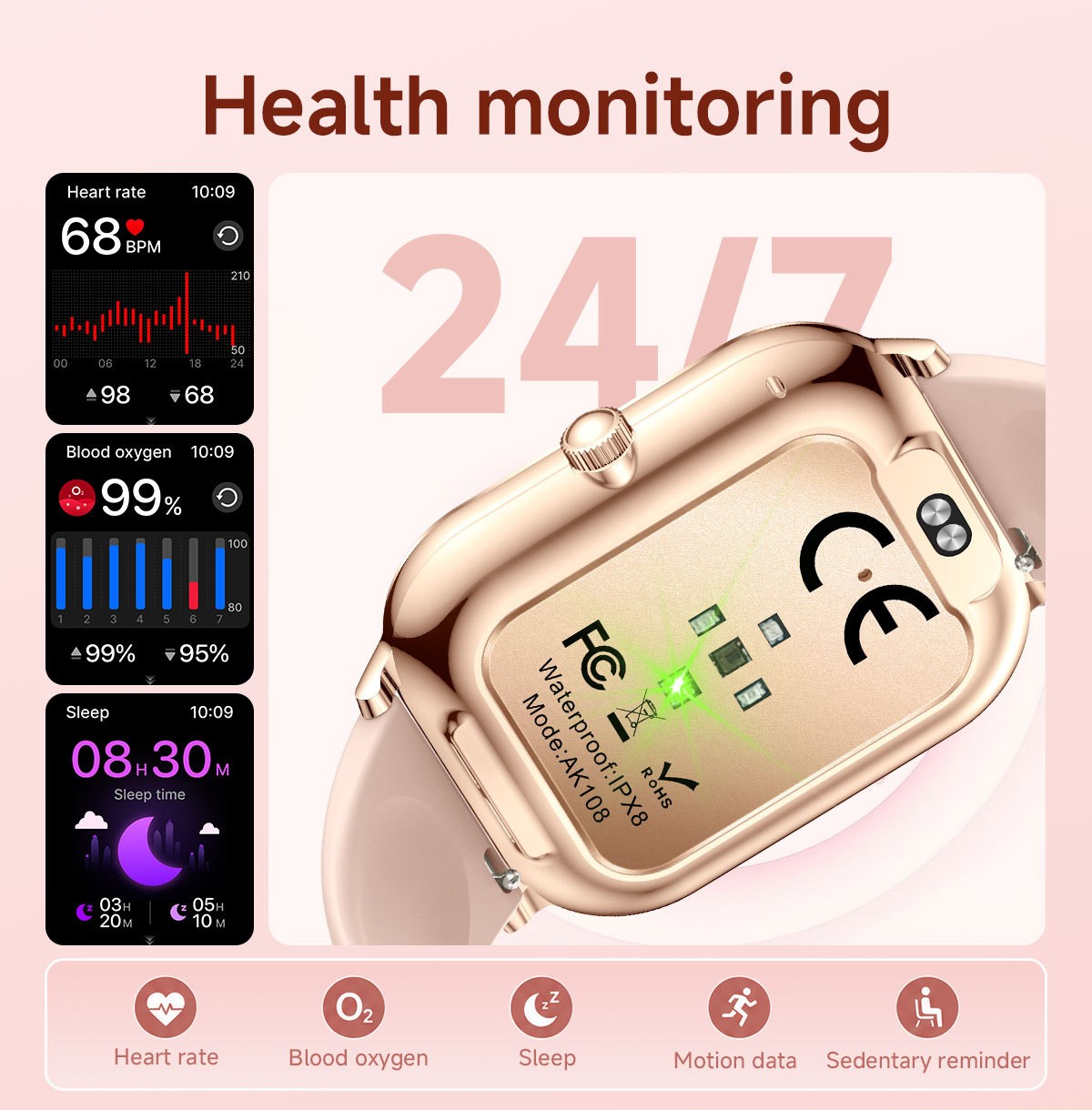 Women Smart Watch 1.82″ HD Touch Screen Bluetooth Call IP68 Waterproof Rose Gold
