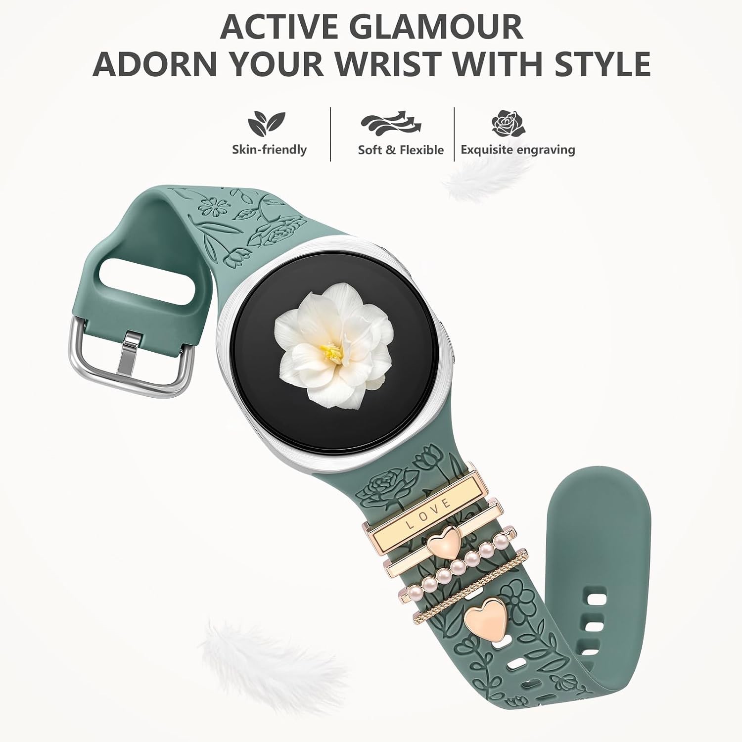 Pine Green Soft Silicone Band with Charms for Samsung Galaxy Watch 8 40mm 44mm