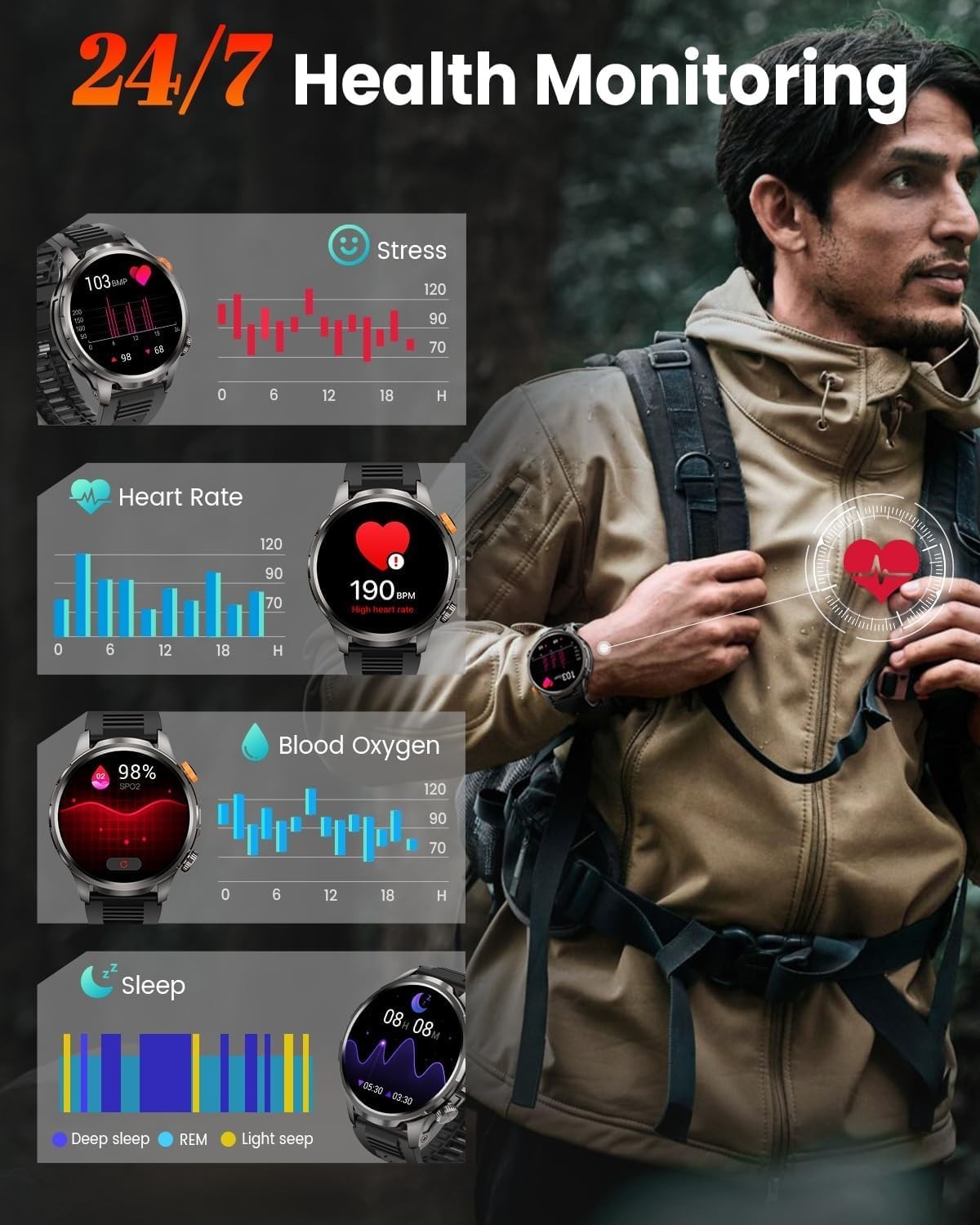 Military Smart Watch for Men Rugged Fitness Tracker Waterproof Heart Rate Sle…