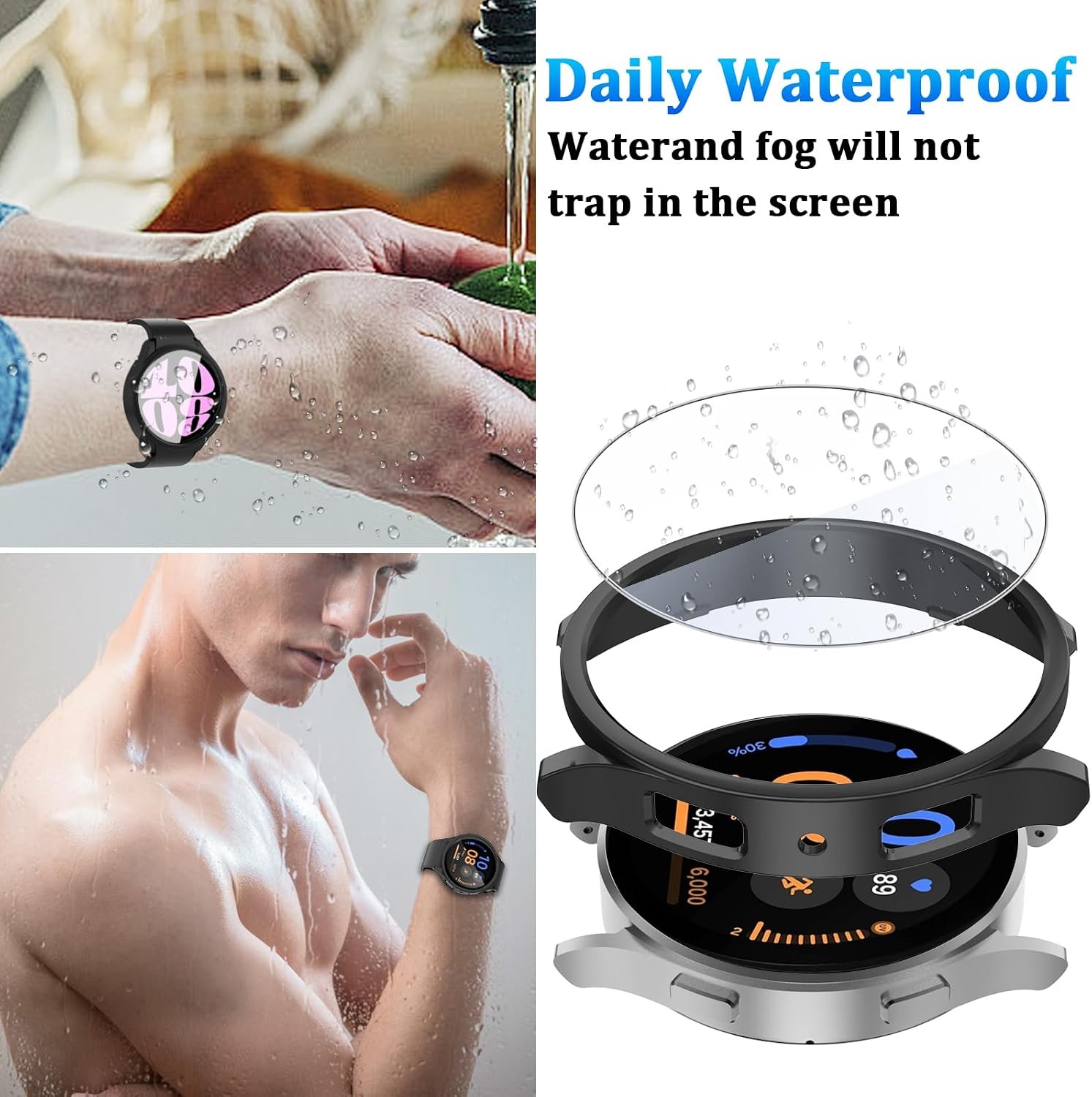 6+6 Pack Anti-Fog Tempered Glass Screen Protector Case for Galaxy Watch 40mm