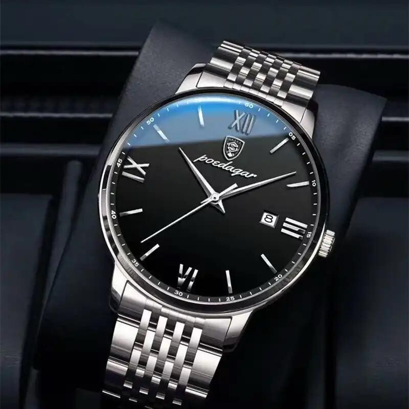 POEDAGAR top brand watch men stainless steel business date clock waterproof