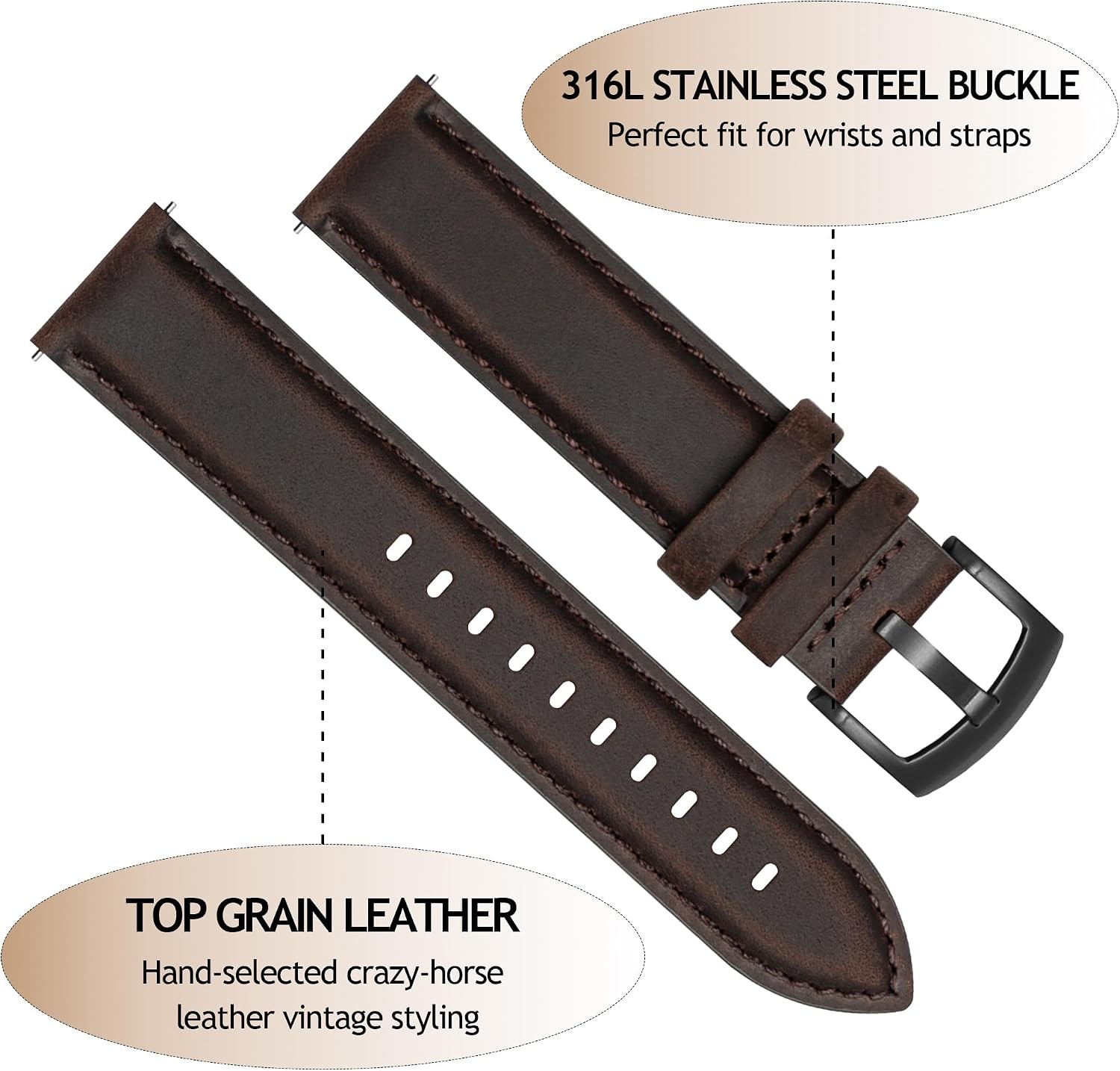 Leather Strap Compatible with Watch and Smartwatch, Choice of Width 18-22mm