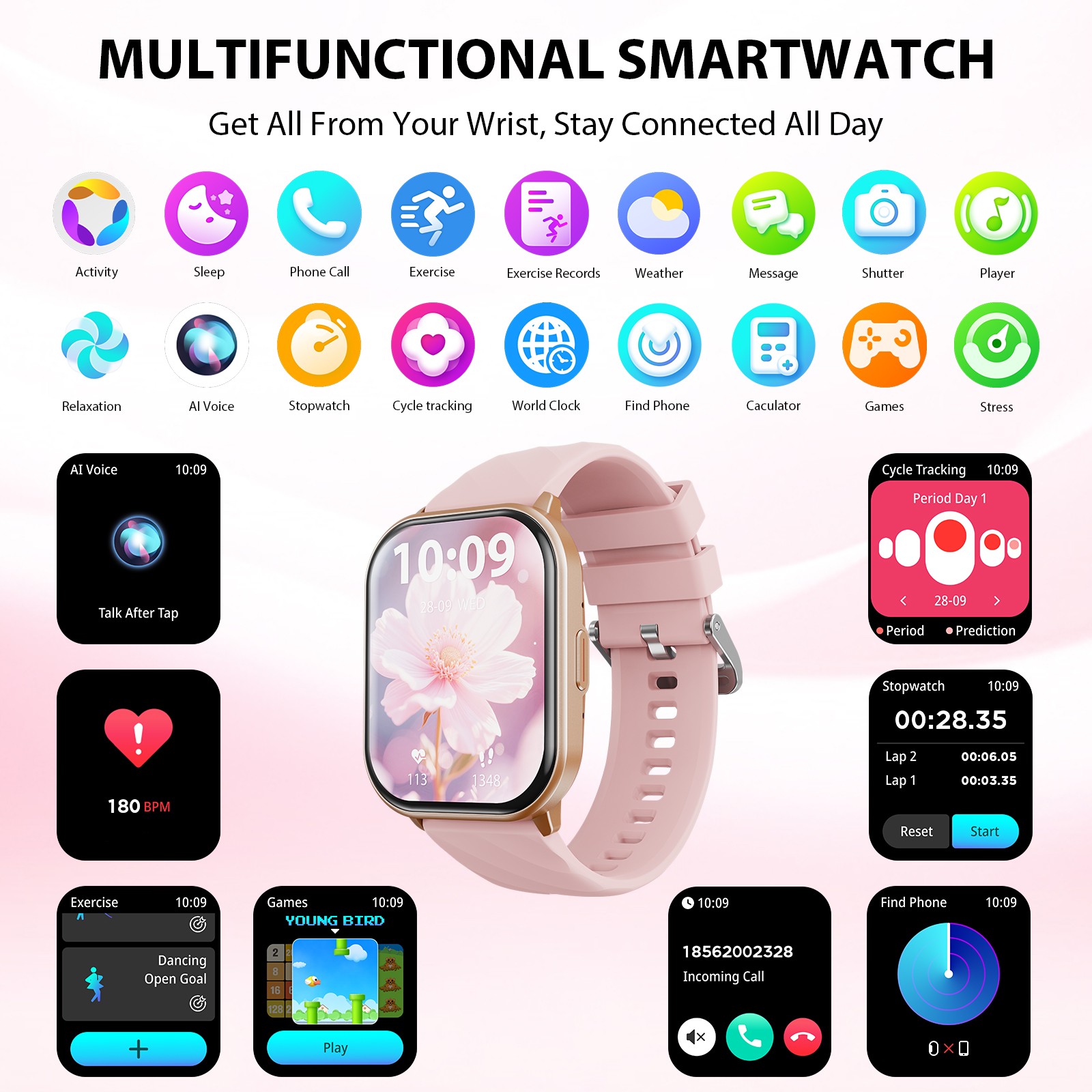 AUOSHI Smart Watch, Bluetooth Call, 2.01″ IP68, Fitness/Sleep Tracker, Pink
