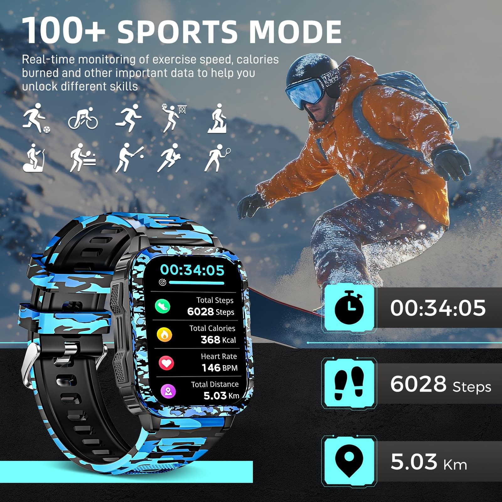 Military Smart Watches for Men Make/Answer Call with LED Flashlight