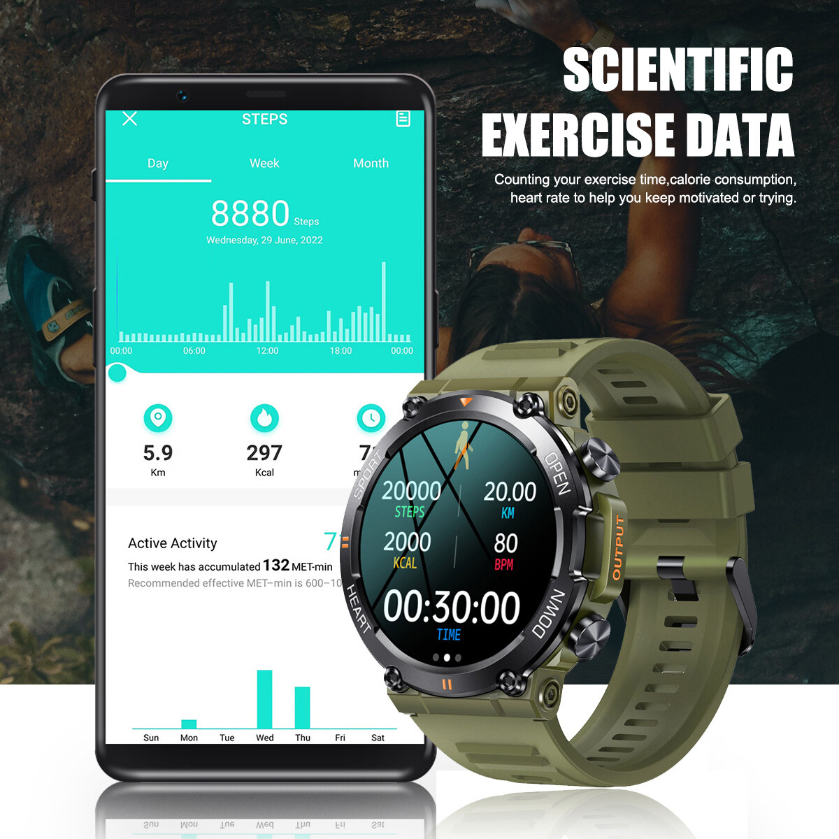 Men’s Waterproof Smart Watch Military Tactical Wristwatch Sport Fitness Tracker-