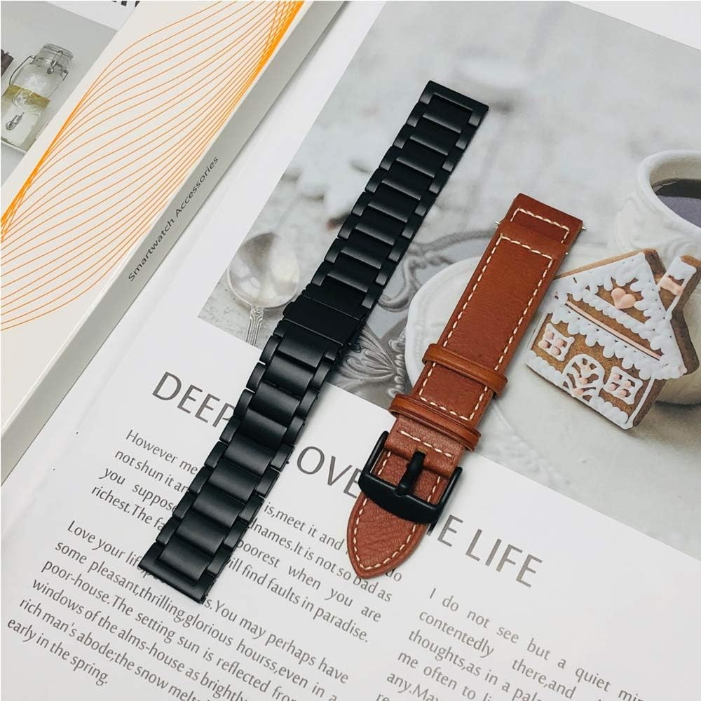 2 Pack Metal + Leather Strap Compatible with Garmin Venu 20mm
