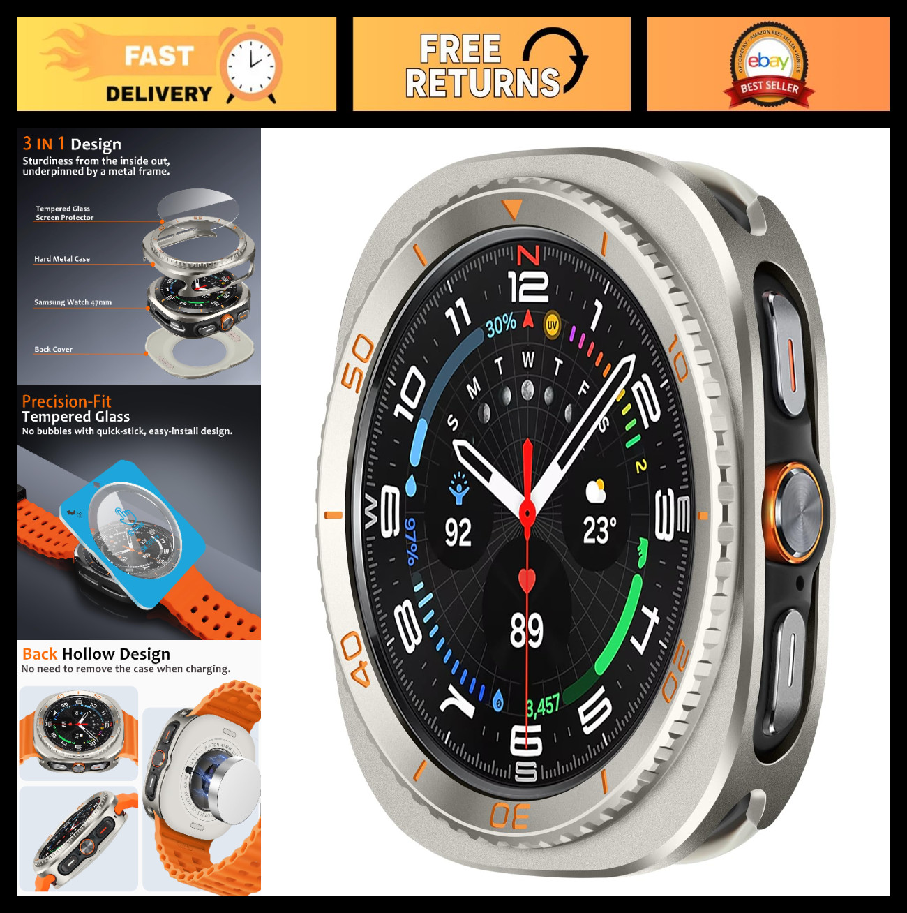 3-in-1 Metal Case for Samsung Galaxy Watch Ultra 47mm, Rugged Bumper & Screen Pr