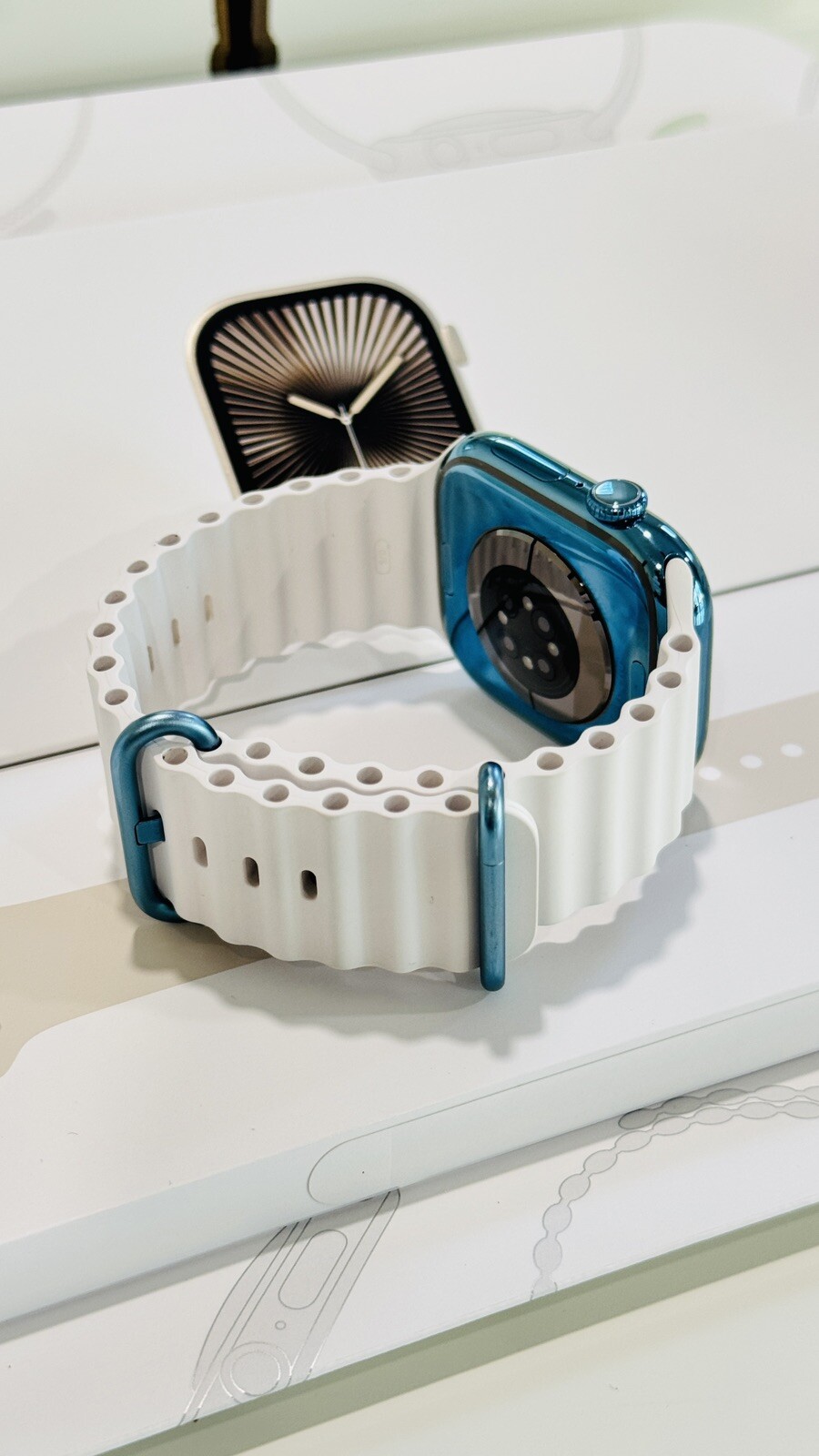 Custom Anodized Sky Blue Gold 46MM Apple Watch SERIES 10 White Ocean Band