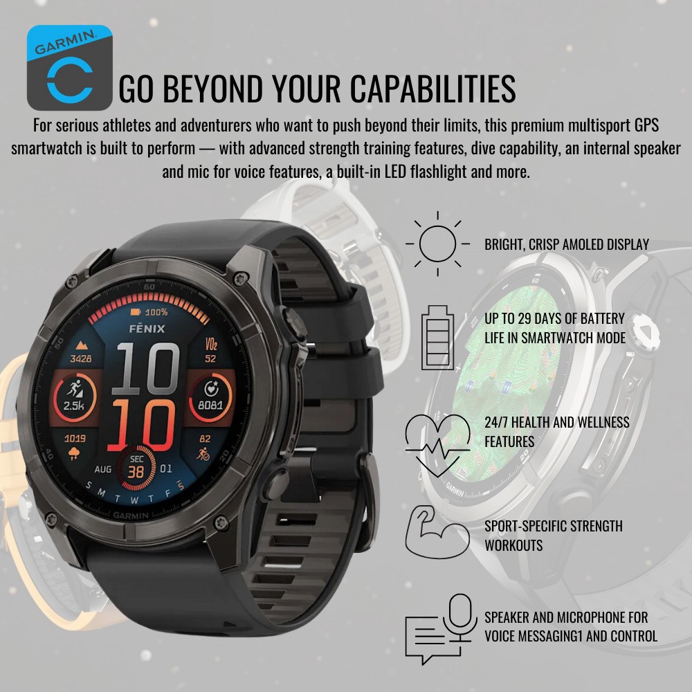 Garmin Fenix 8 AMOLED Sapphire 47mm GPS Black and Pebble Gray Smartwatch Bundle