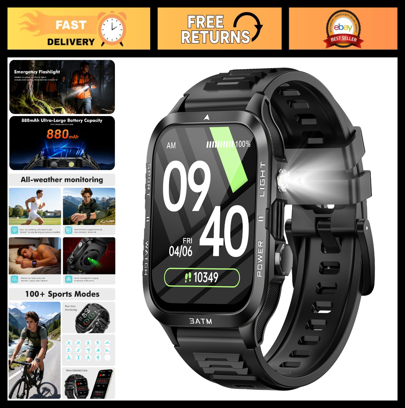 Waterproof Smart Watch for Men, 1.96″ Display, Call Function, 30+ Days Battery,
