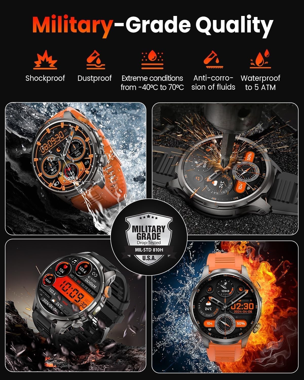 Military Smart Watch for Men Rugged Fitness Tracker Waterproof Heart Rate Sle…