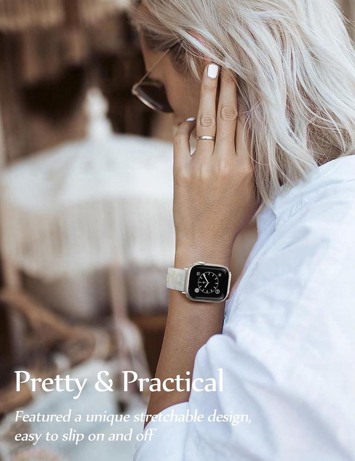 Ivory White Resin Beaded Band for Apple Watch Series 11, 38mm, 40mm, 41mm