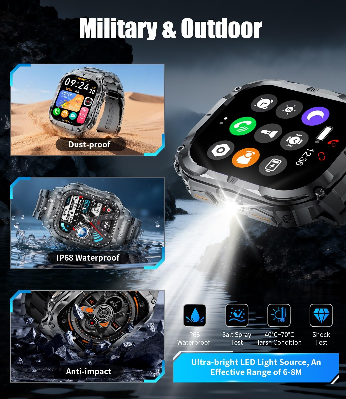 2.0″ Military Smart Watch for Men with Flashlight, Make/Answer Calls, 1000mAh…