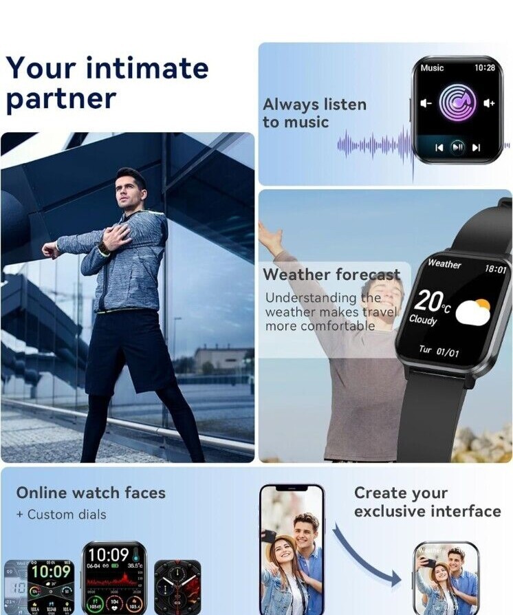 Smart Watch Fitness Tracker (Black Case Black Band (Android 9.0 or higher, lOS