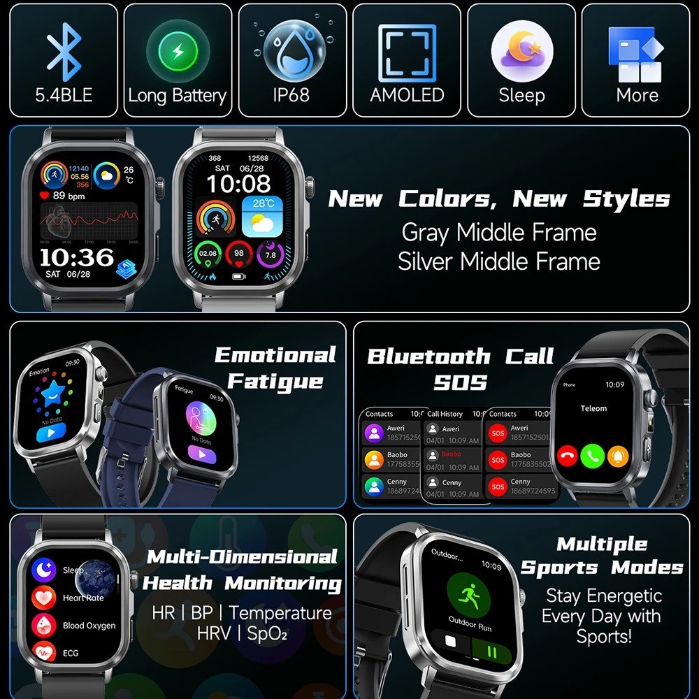 ET573 ECG+PPG AMOLED SOS AI Voice Smart Watch Bluetooth Call Health Monitoring