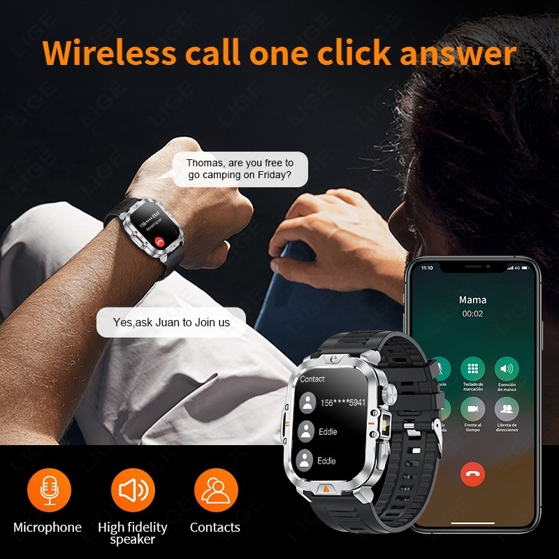 Smart Watch Men 2.01″HD Screen Fitness Tracker LED Flashlight for iPhone Android