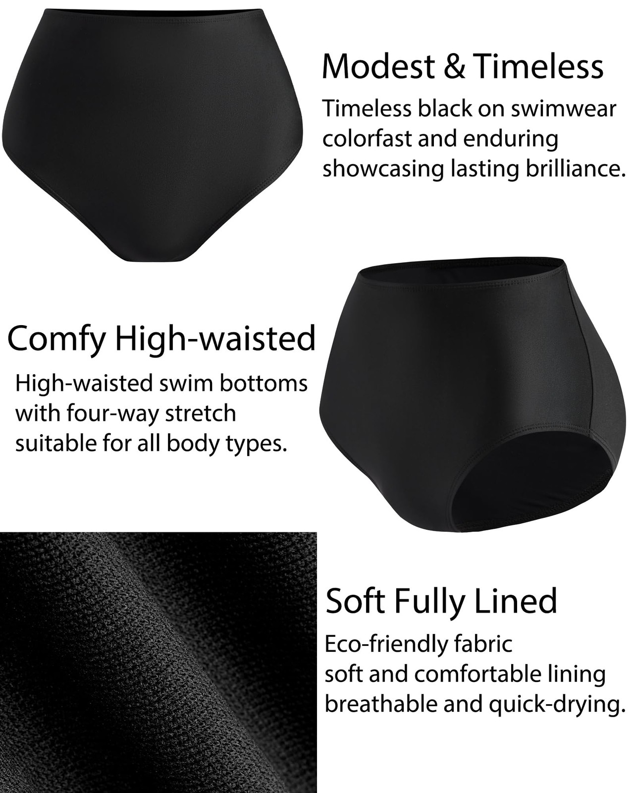 Women’s Black High Waisted Bikini Bottom Full Coverage Bathing Suit Swim Bott…