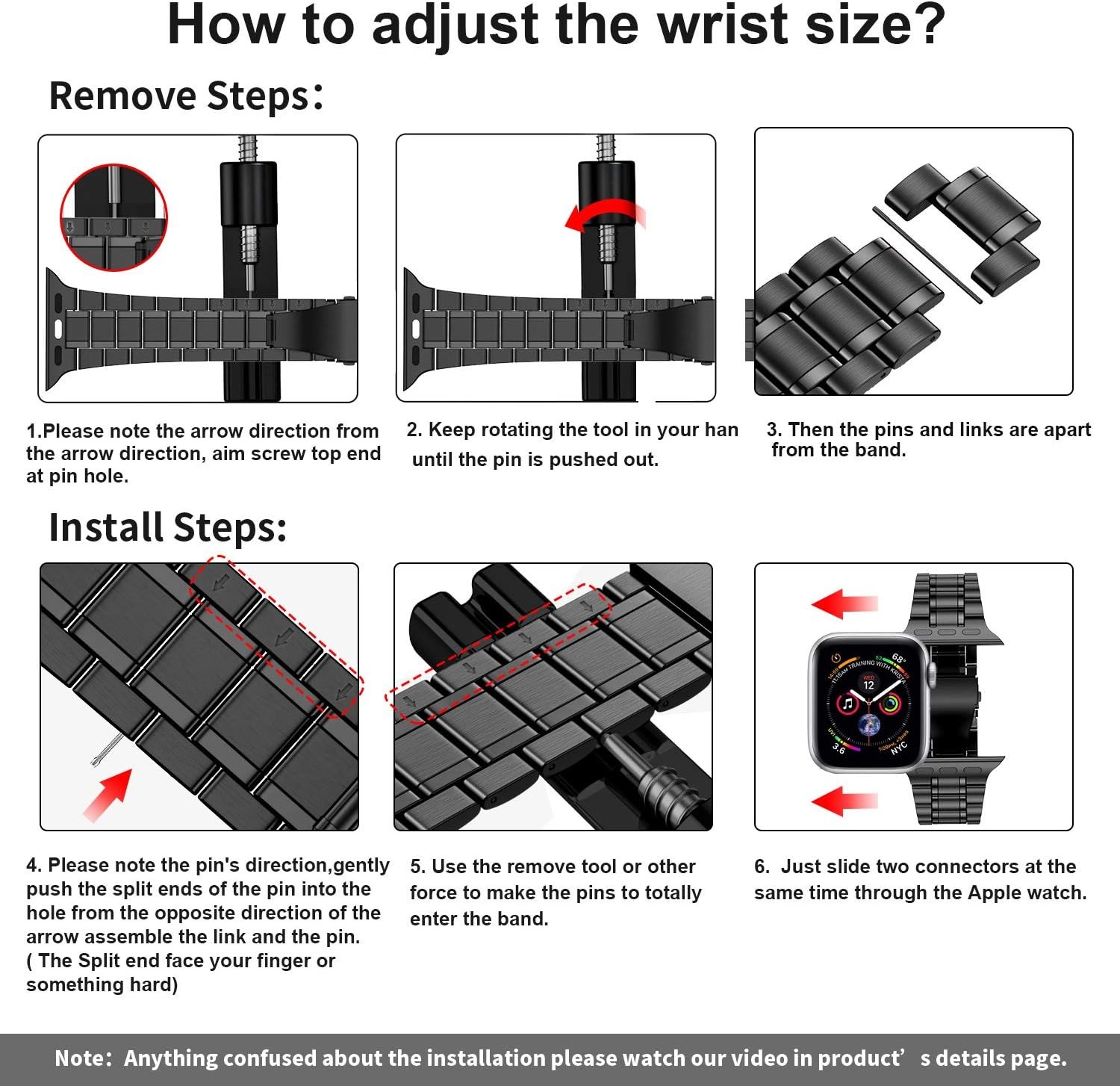 Solid Stainless Steel Strap Compatible with Apple Watch Series 9 45mm, Black