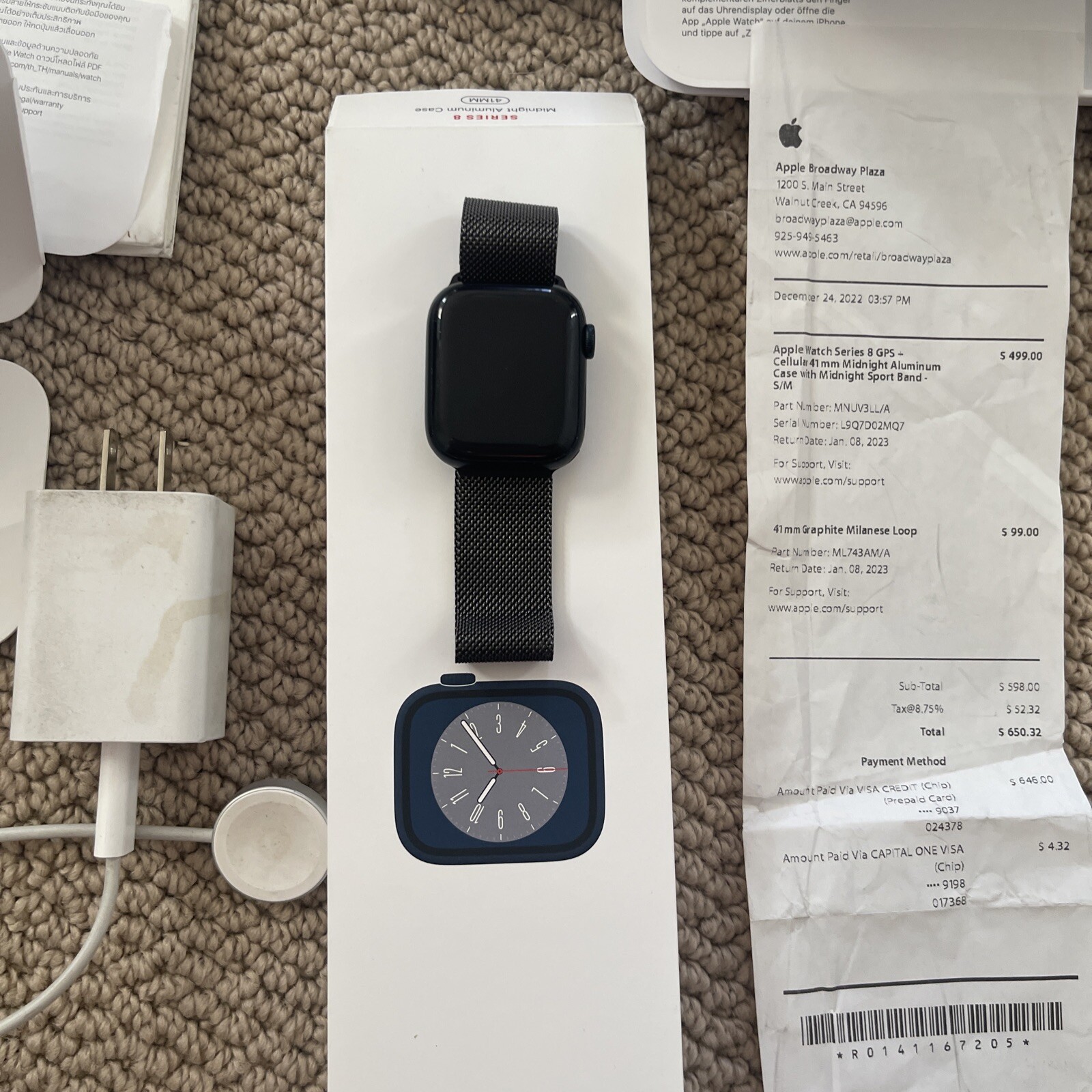 Apple Watch Series 8 GPS 41mm Midnight Case Sport Band + Graphite Milanese Loop