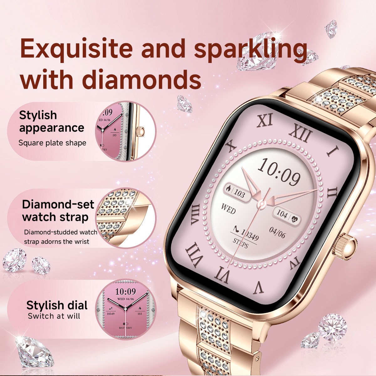 Women Smart Watch 1.82″ HD Touch Screen Bluetooth Call IP68 Waterproof Rose Gold