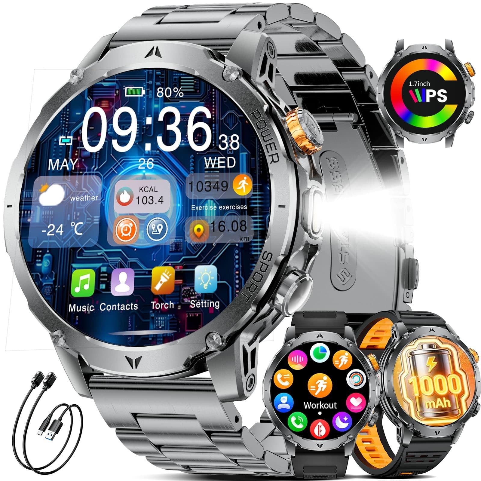 Lige Military Smart Watches For Men3 Bands1000Mah Battery/1.7 Hd Large Screen