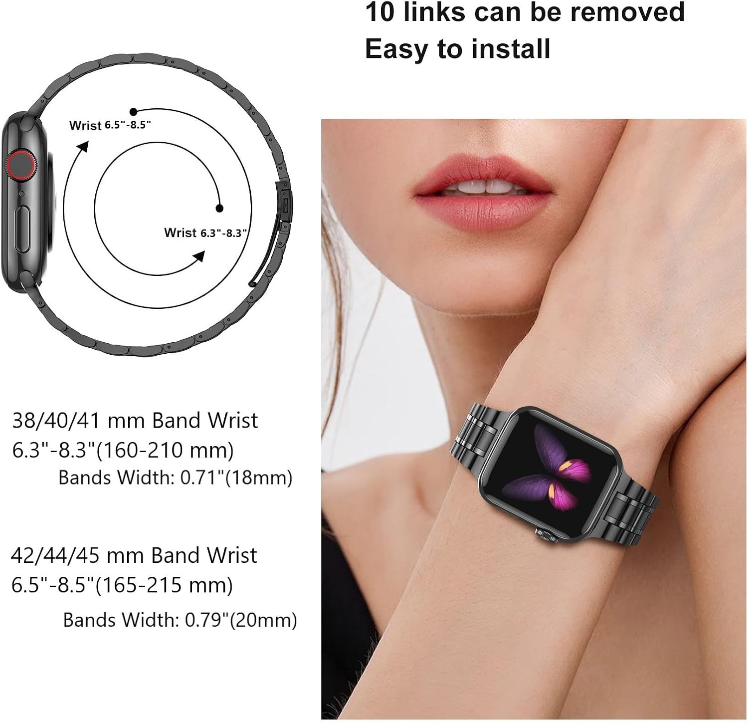 Solid Stainless Steel Strap Compatible with Apple Watch Series 9 45mm, Black