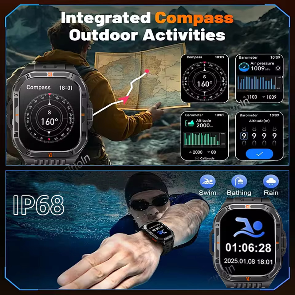Military Smart Watch For Men Outdoor Compass Flashlight Sport Fitness Smartwatch
