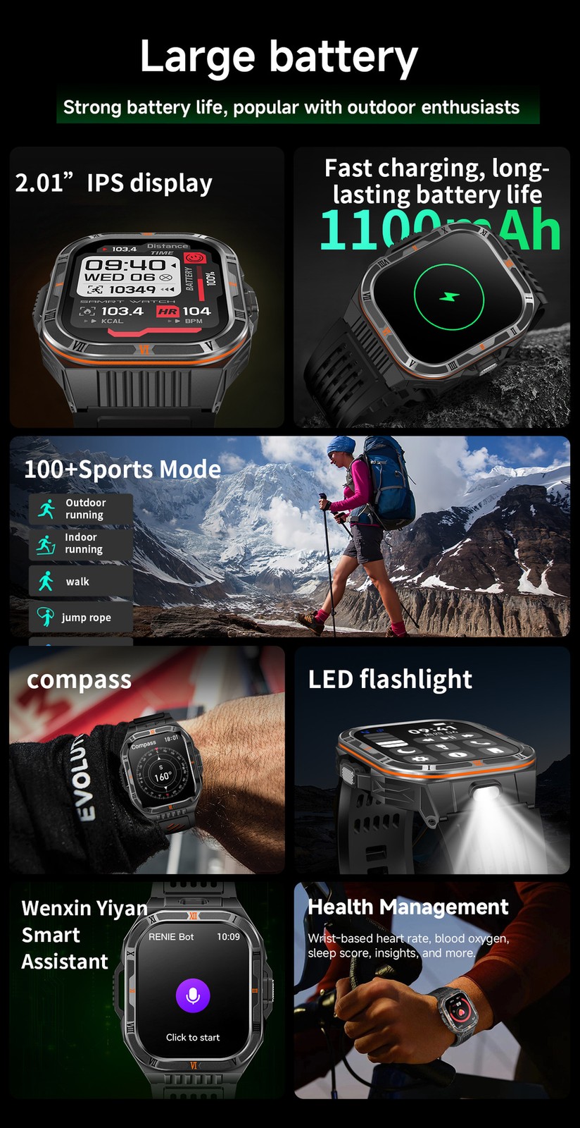 Military Smart Watch For Men Outdoor Compass Flashlight Sport Fitness Smartwatch