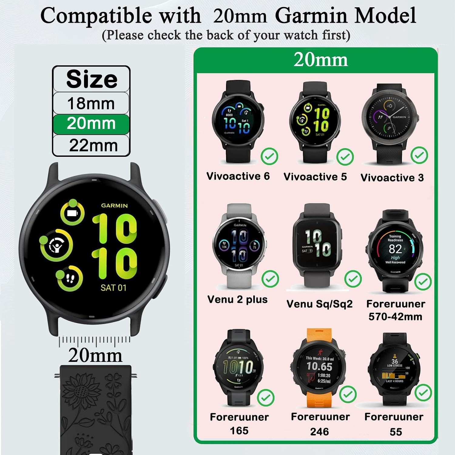 5 Pack Floral Engraved 20mm Strap Compatible with Garmin Vivoactive 6