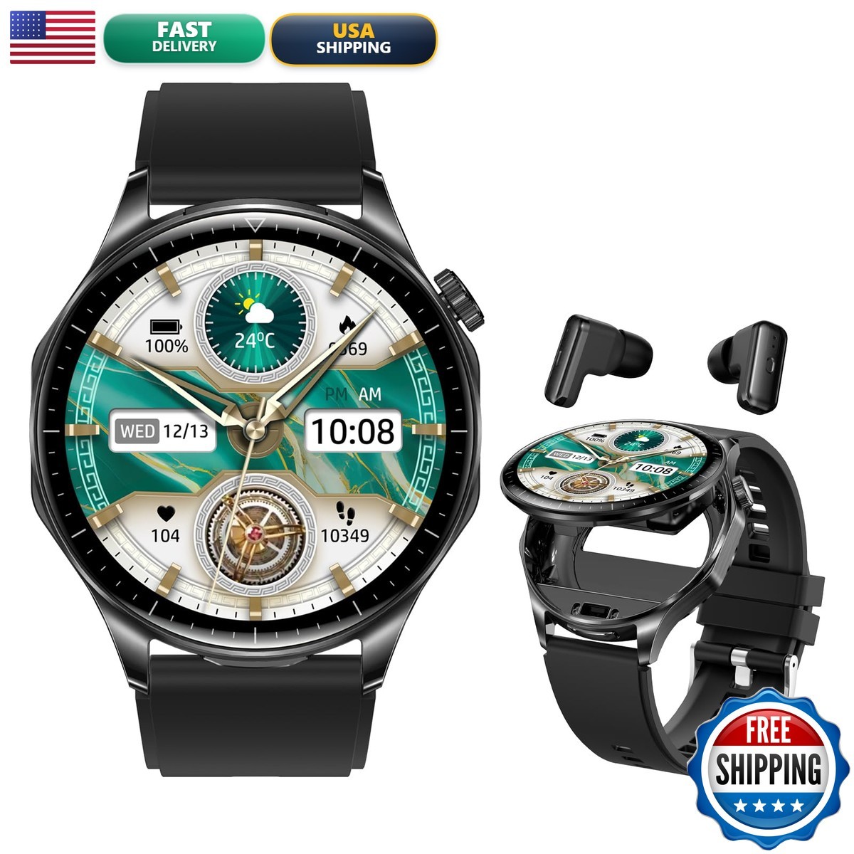 APOYOU 2 In 1 Smart Watch Earbuds, 1.43″ AMOLED Colorful Full Touch Screen
