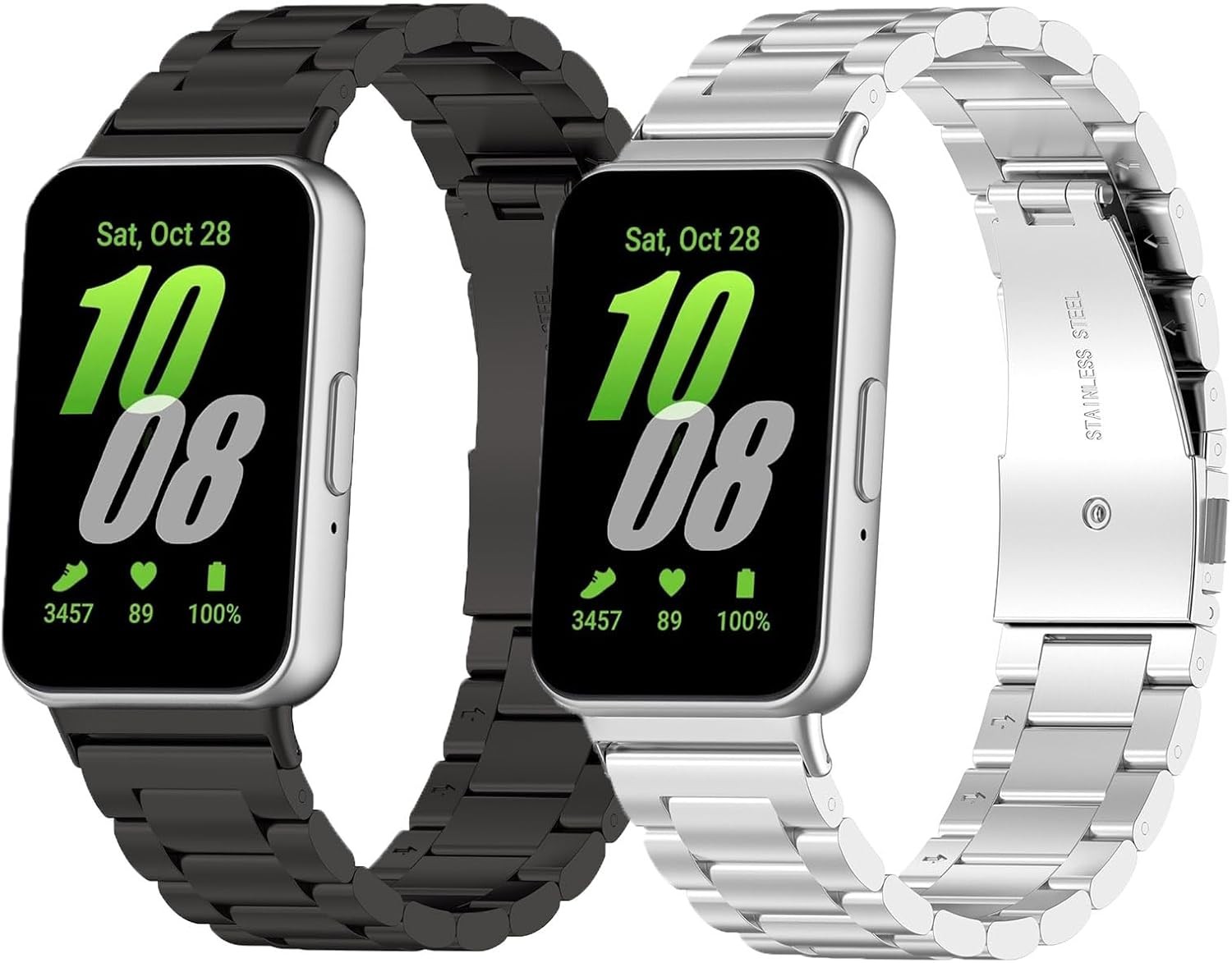 2 Pack of Steel Bands for Samsung Galaxy Fit3 20mm – Black and Silver Straps