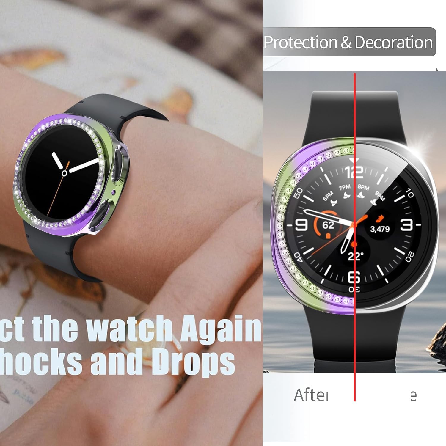 Bling Frame Protective Case for Galaxy Watch 8 40mm, 2 Packs, Rose Gold/Colorful