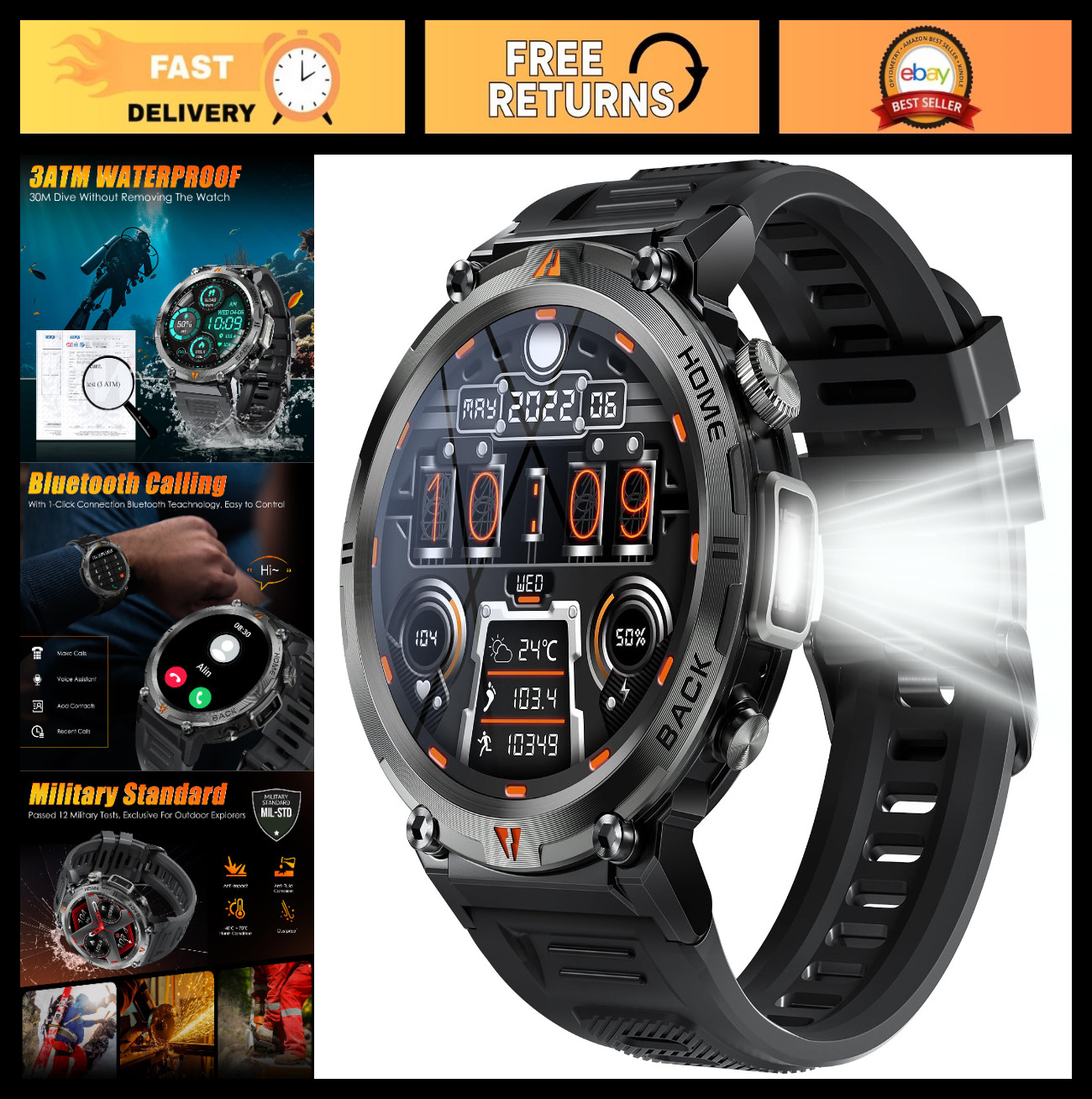 Tactical Military Smart Watch for Men, Bluetooth Call, 1.45″ Screen, Fitness Tra