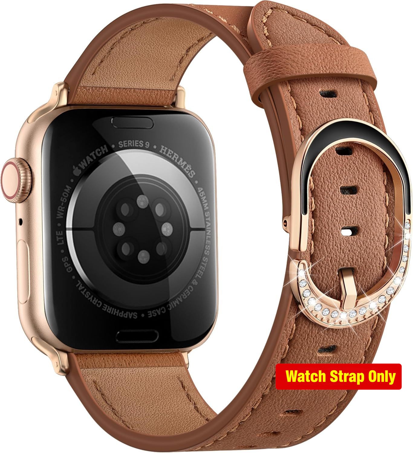 Genuine Leather Strap Compatible with Apple Watch Series 7 44mm, Diamond Buckle