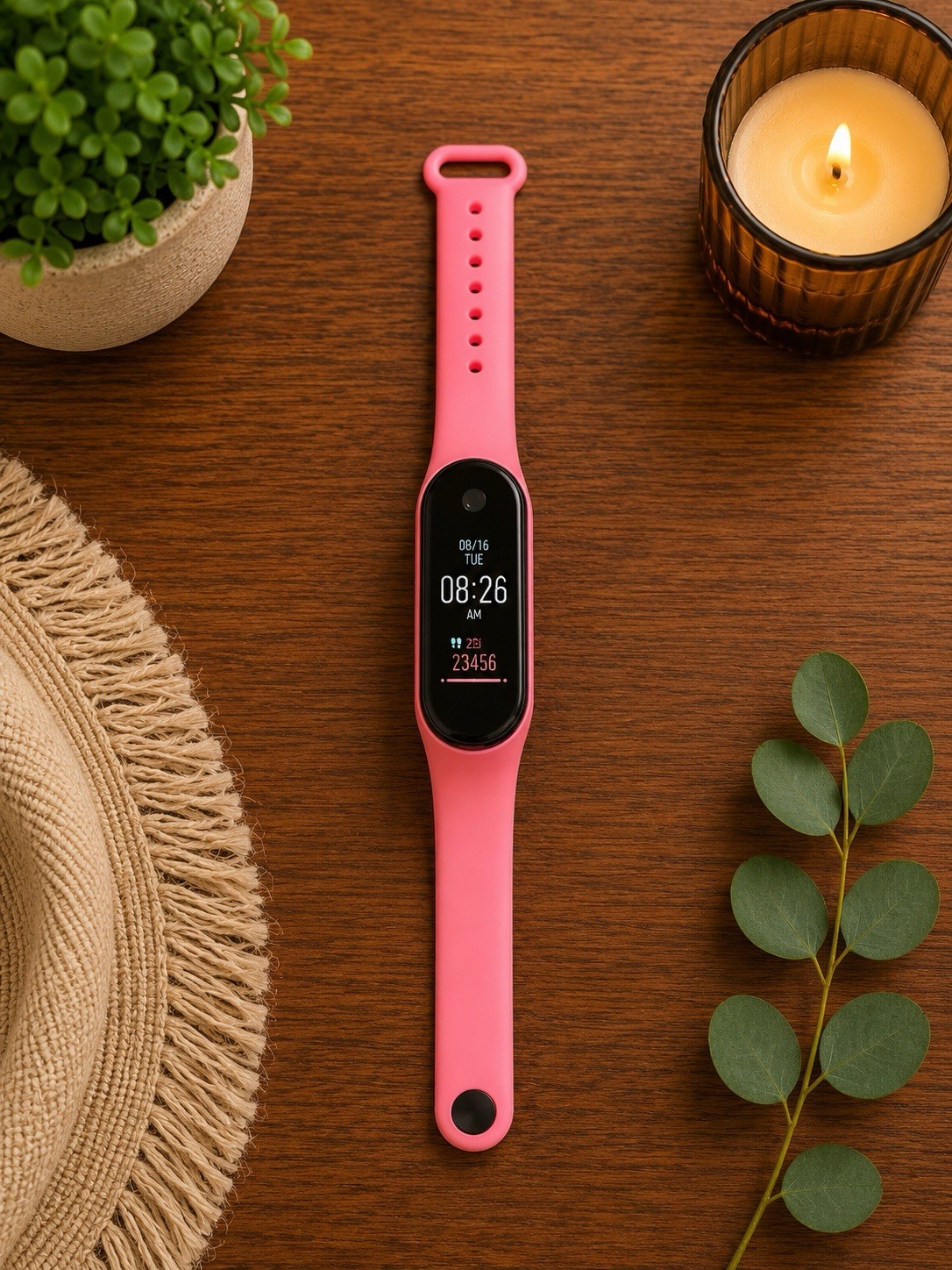 Smart Bracelet 23mm Black Plastic Case Pink Silicone Band Fitness Tracker