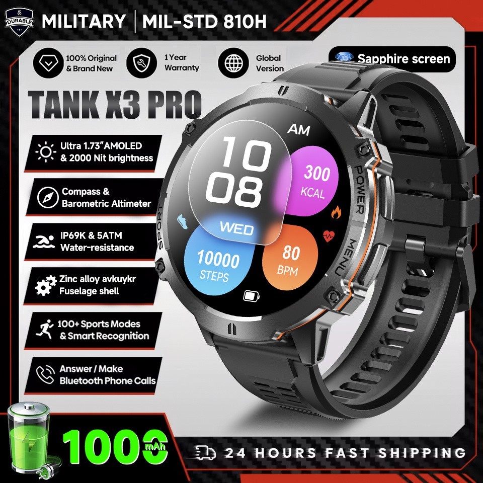 Military Tank X3 Smart Watch AMOLED GPS Bluetooth Call 10ATM 1000mAh