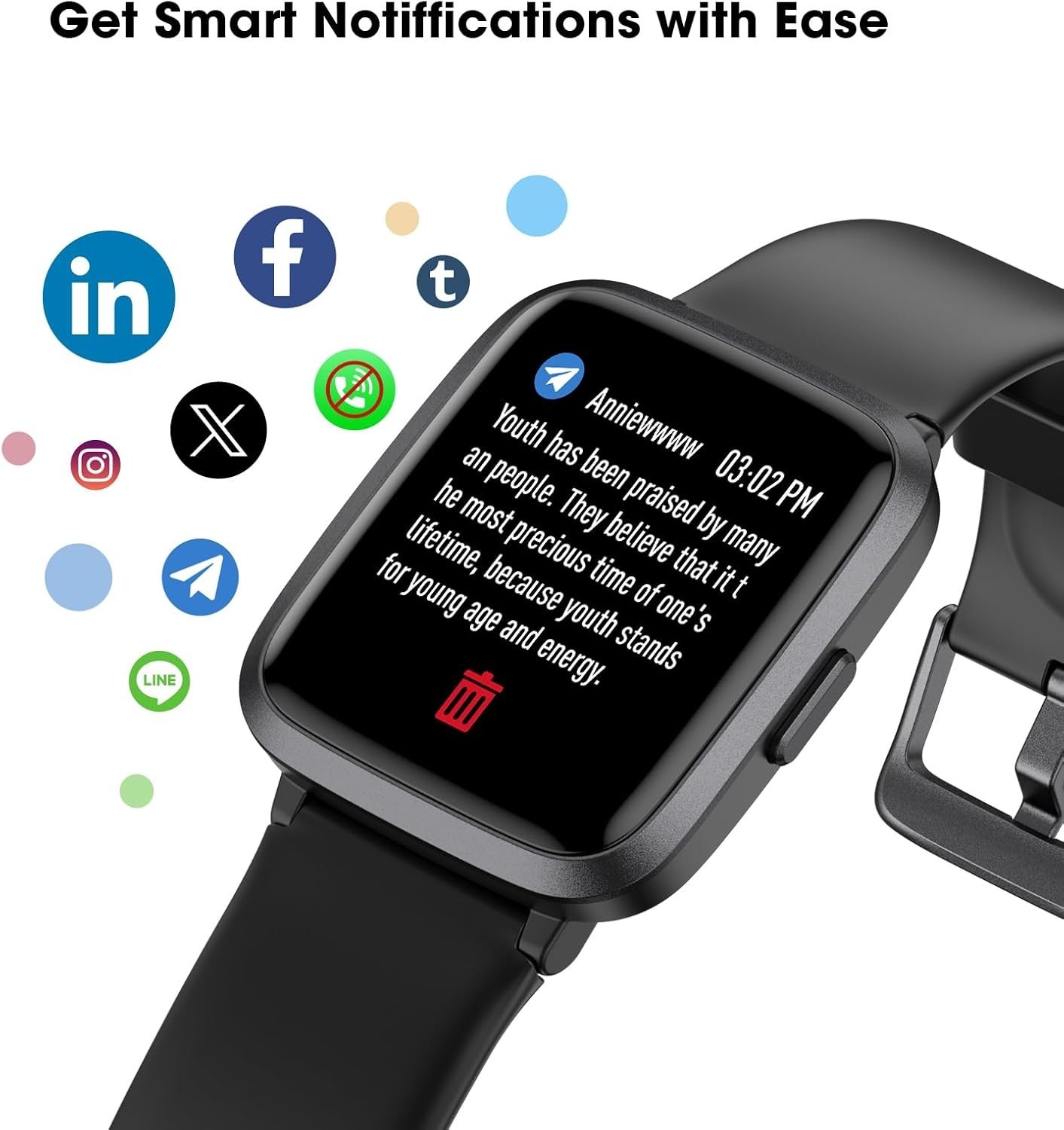 Smart Fitness Watch with Sleep Monitor, Pedometer & Notifications for Safety