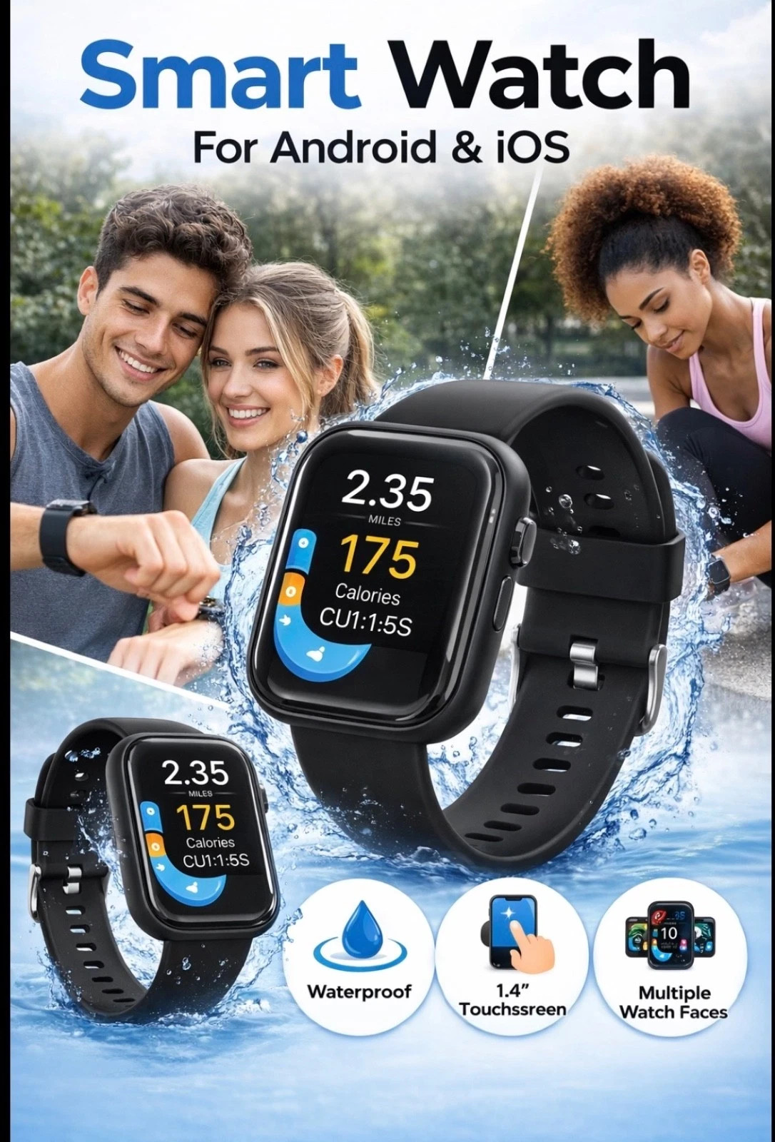 Smart Watch for Android & iOS – 1.4″ Touchscreen, Waterproof, Multiple Faces