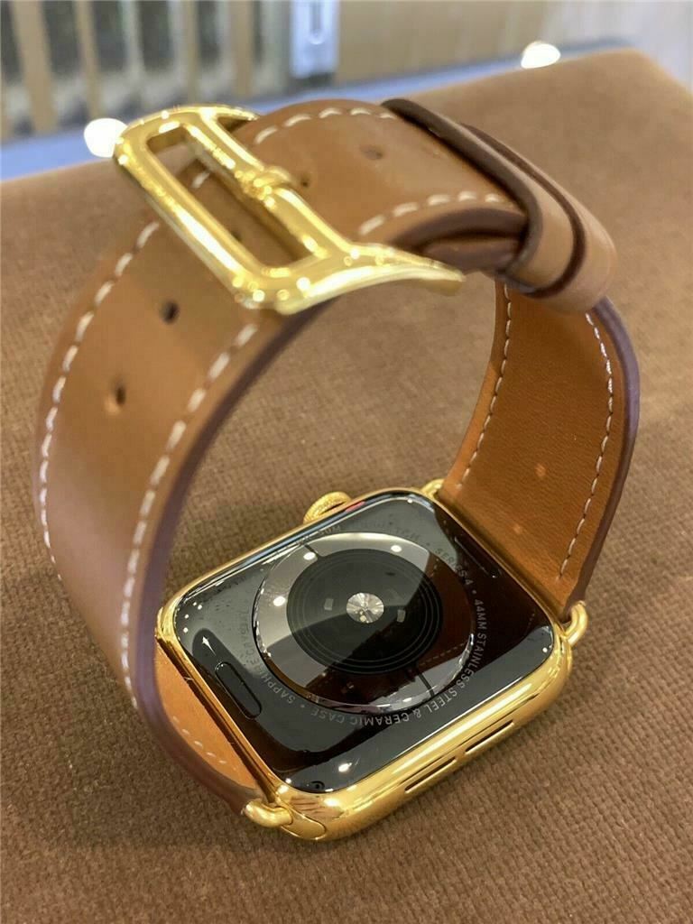 44mm Apple Watch Series 4 Stainless Steel Case Custom 24K Gold Plated Brown Band
