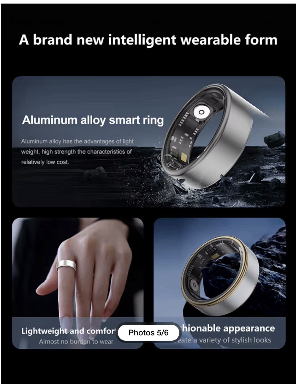 JRing Smart Ring Heart Rate Monitor Blood Pressure Tracker Size 7, Gold