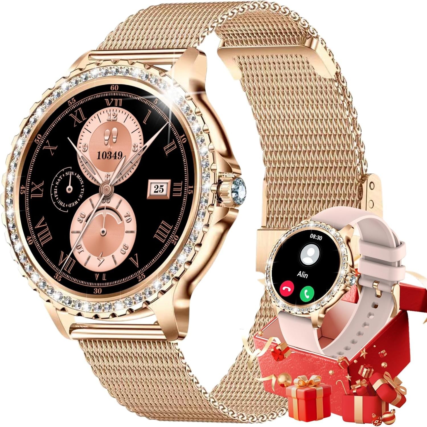 Smart Watch for Women Diamond, Bluetooth Calls, 1.32-inch HD Screen Round Fitnes