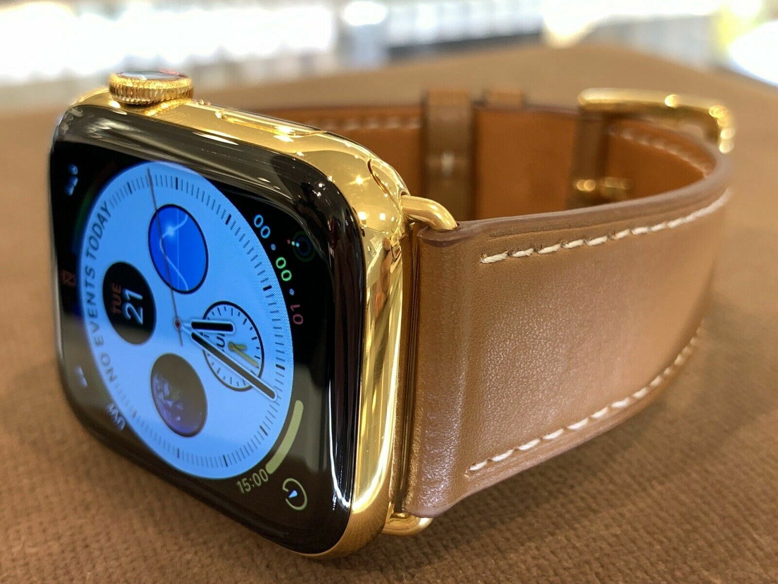 CUSTOM 24K Gold Plated 44mm Apple Watch Series 6 Stainless Steel Case Brown Band