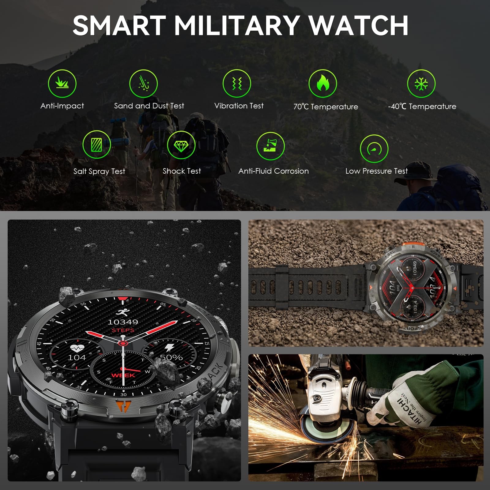 Lanikar Military Smart Watch For Men Led Flashlight 1.45 Hd Outdoor Tactical