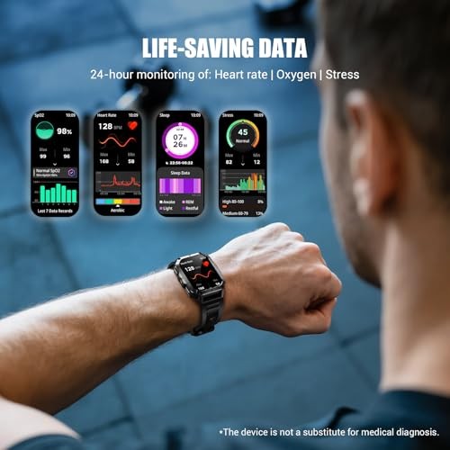 Military Tactical Smart Watches for Men, 100-Day Battery Rugged W70Pro-Black