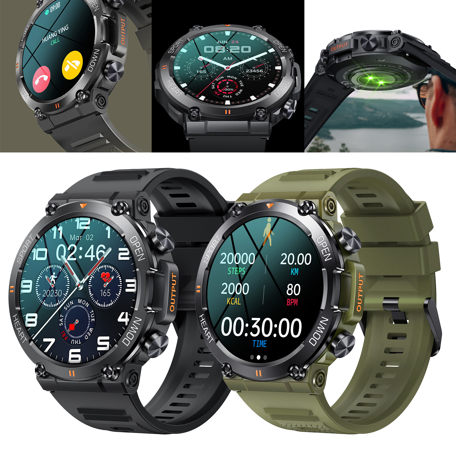 1.3 inch military smart Bluetooth call message multi-function sports watch