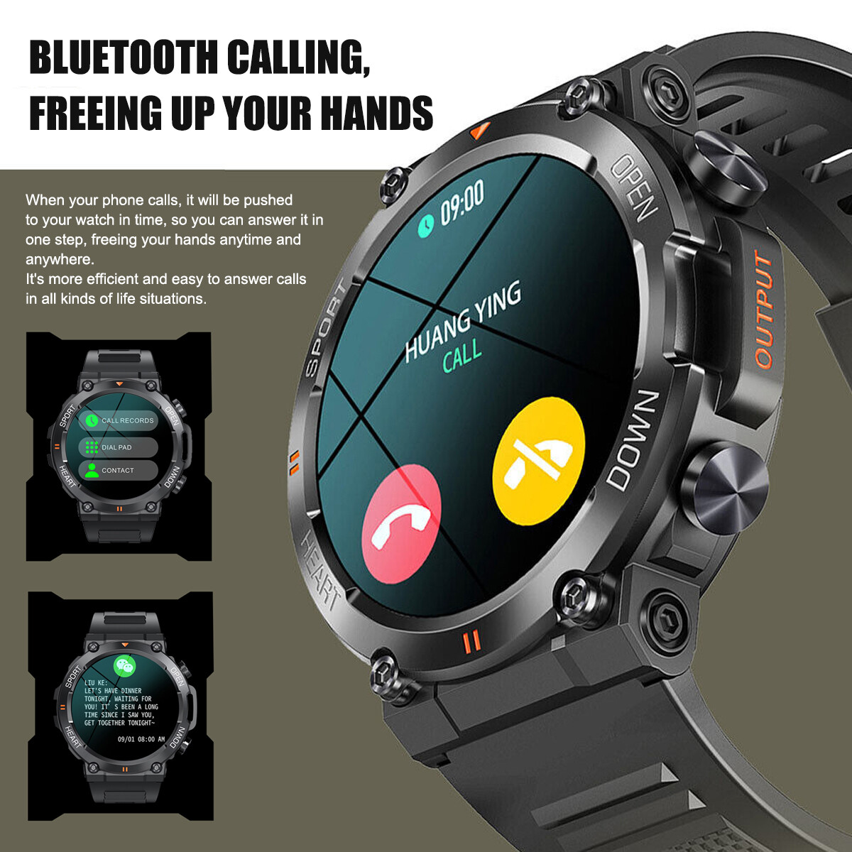 Men Smart Watch BT Waterproof Military Tactical Wristwatch Sport Fitness Tracker