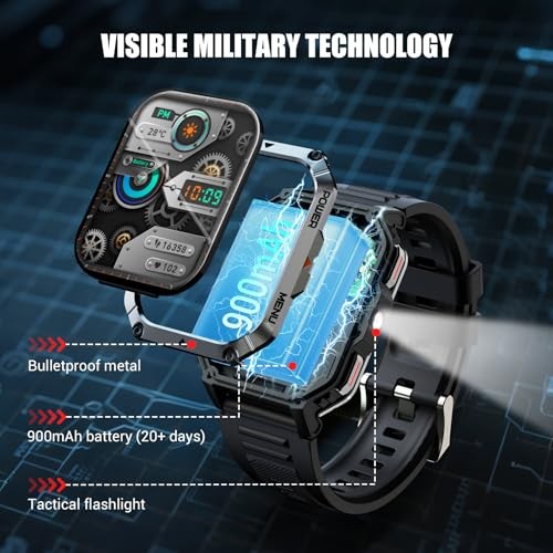 Military Tactical Smart Watches for Men, 100-Day Battery Rugged W70Pro-Black
