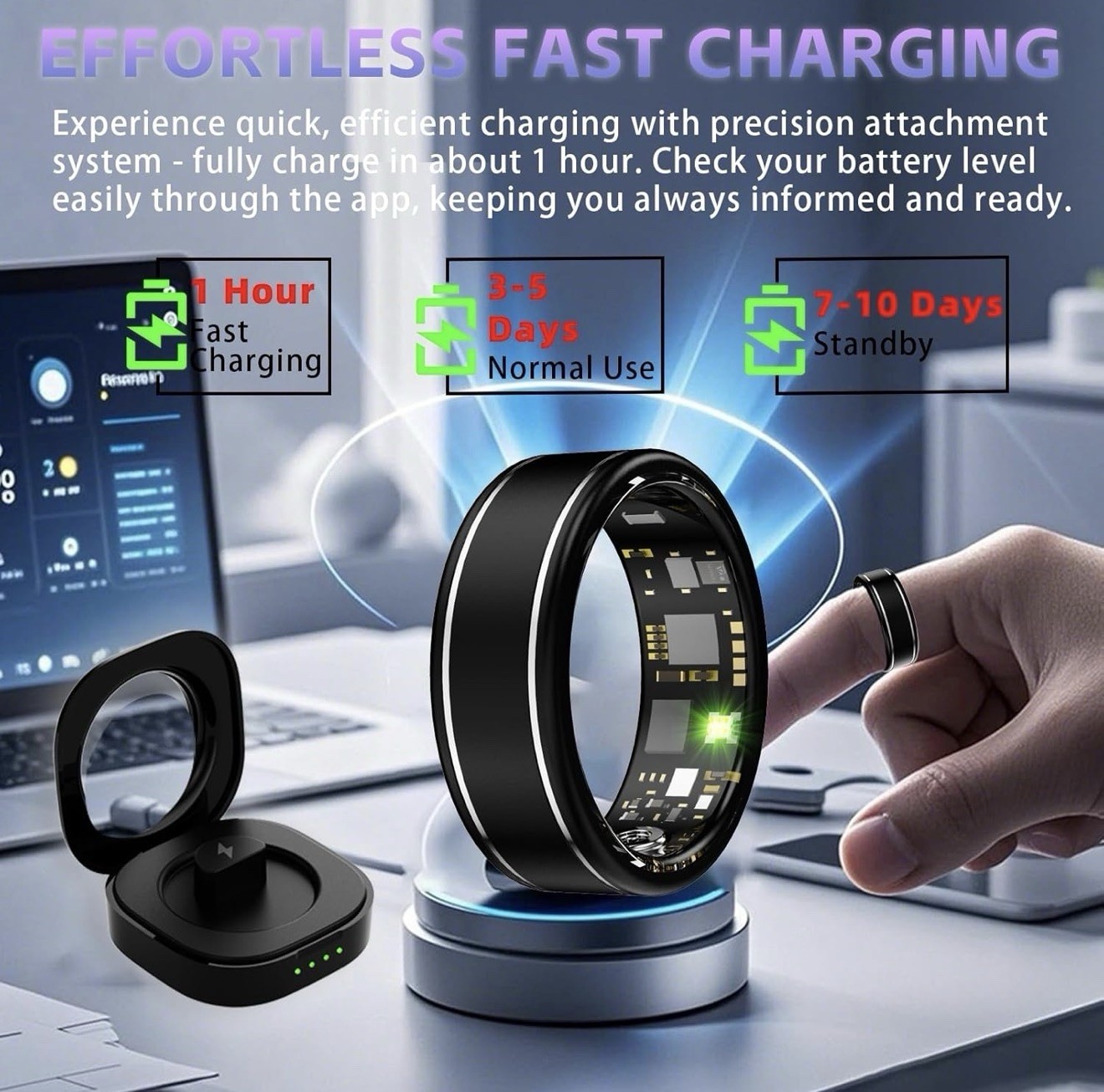 Black Aluminum Smart Ring Heart Rate Sleep Activity Tracker Waterproof size 9