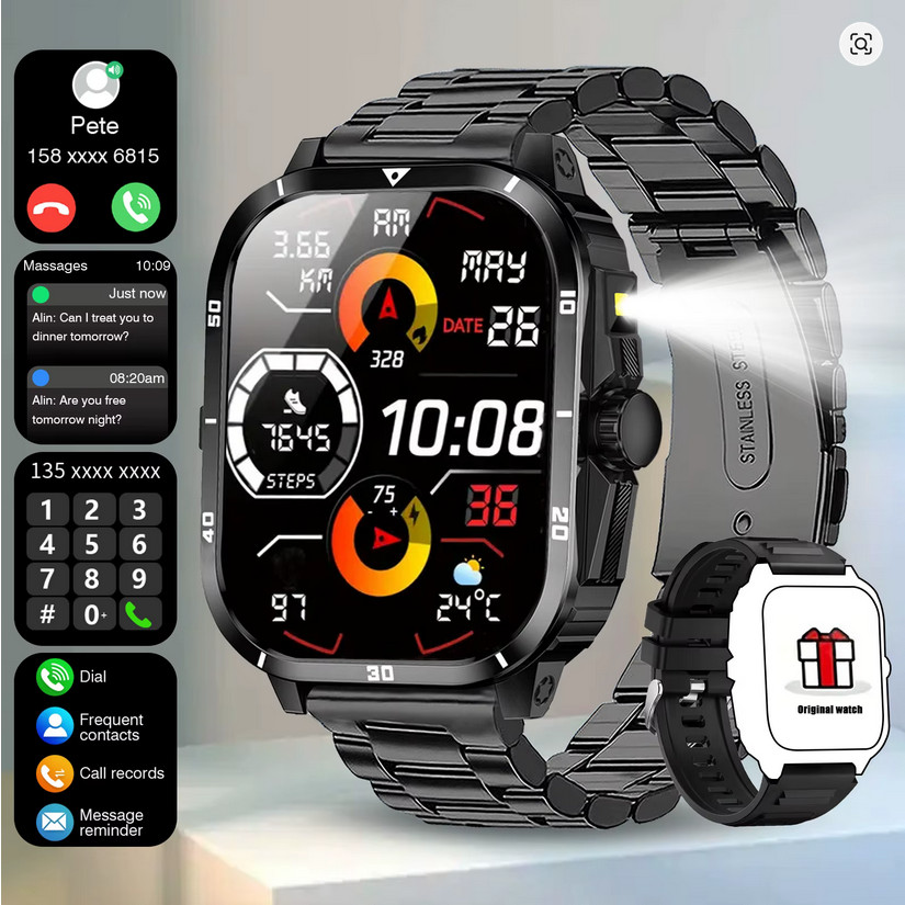 2025 Smart Watch Men Bluetooth Call Fitness Tracker Dual Strap Step Counter Flas